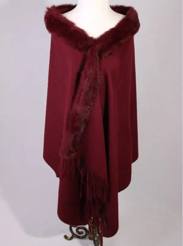 

Burgundy Wintry Women's Wool Cashmere Rabbit Fur Shawl Spring Winter Thick Scarves Warm Wrap Cape Chal Stole 180 x 69 cm SH001-J