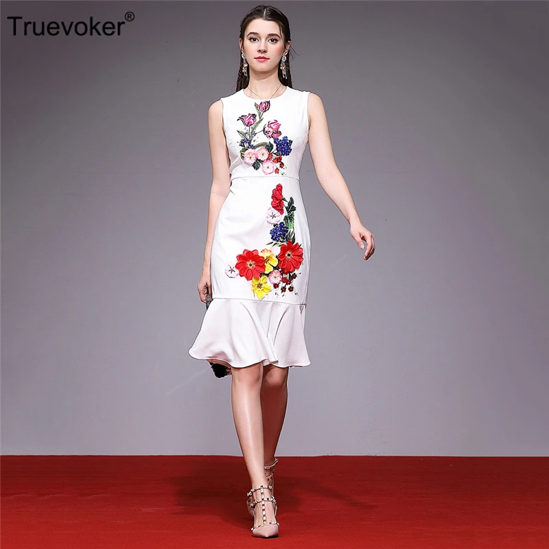

Truevoker Fashion Designer Summer Dress Women's High Quality Sleeveless Appliques Beading Diamond Knee Length Mermaid Dress