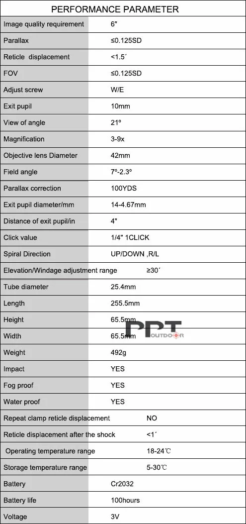 Vermelho para Desporto ao ar Chegada Nova Rifle Scope Iluminado Mil-dot Livre Uso Pp1-0274 Ppt 3-9x42 4 PPT Chegada Nova 3-9x42 Rifle Scope Iluminado