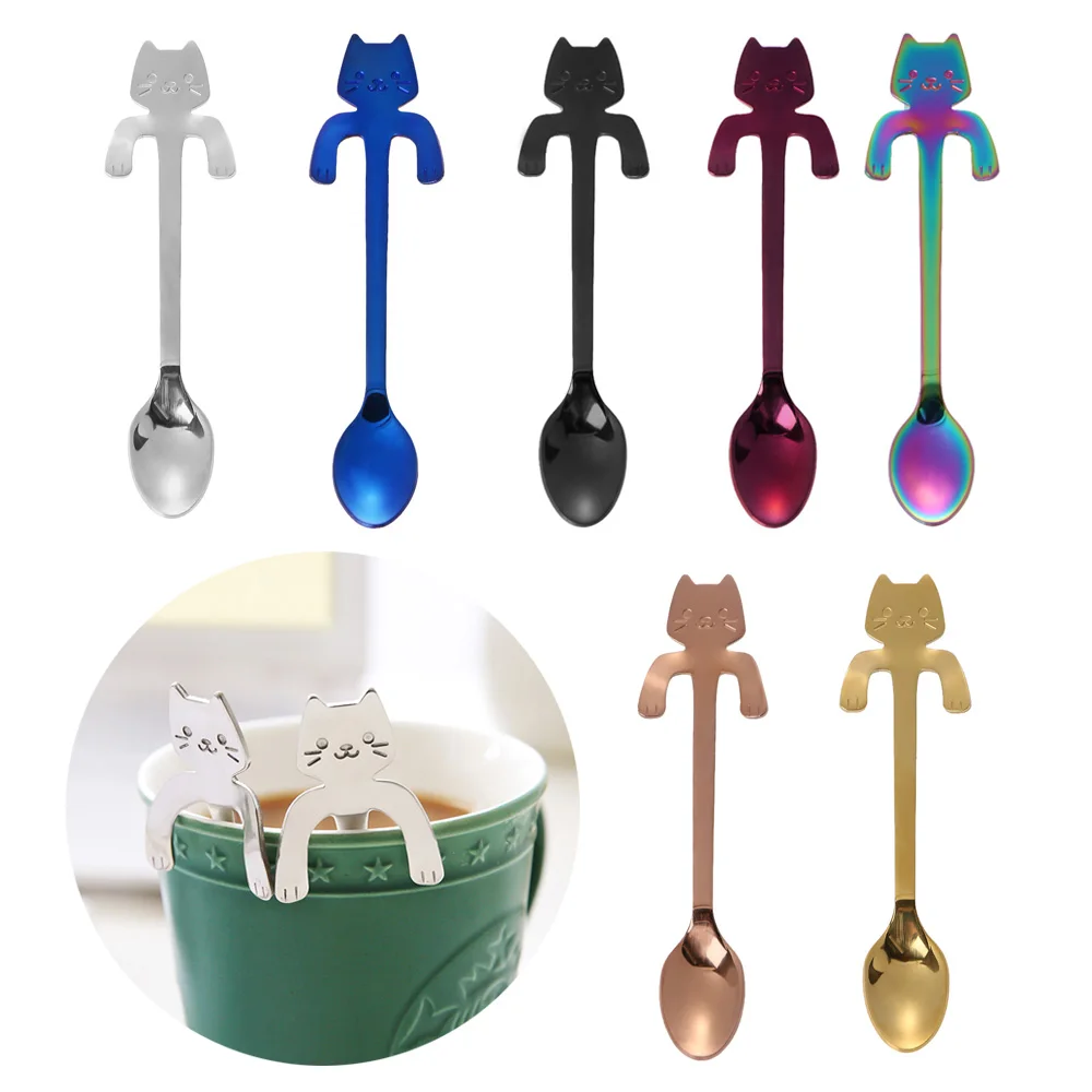 

1PC Cute Cat Long Handle Hanging Spoon Coffee Milk Tea Stainless Steel Stirring Spoon Flatware Scoop Kitchen Tools for Kids Gift