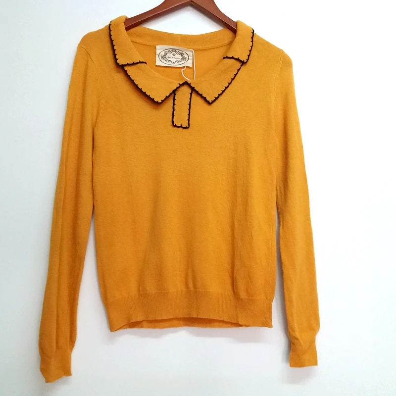 Fashion Spring autumn Women Turn-down collar Contrast colors soft thin Knitted Sweater Female Pullover Ladies Full-Sleeve TOPS