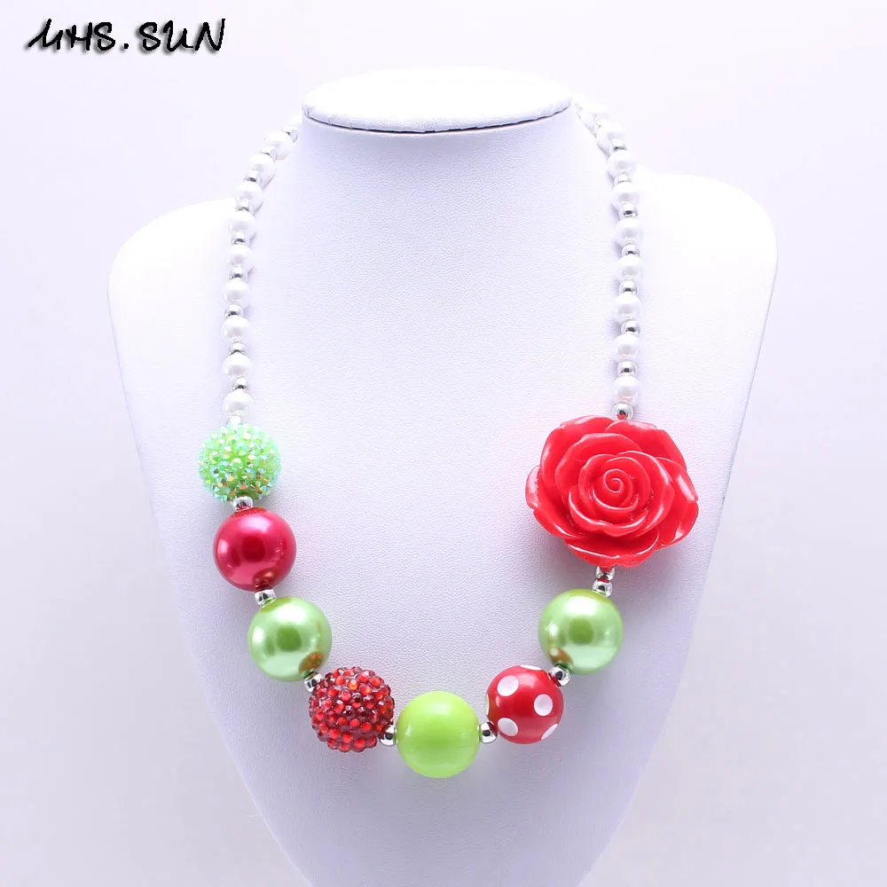 

MHS.SUN Red Color Flower Christmas Kid Chunky Necklace Bubblegum Bead Baby Girl Chunky Necklace Jewelry For Toddler Children