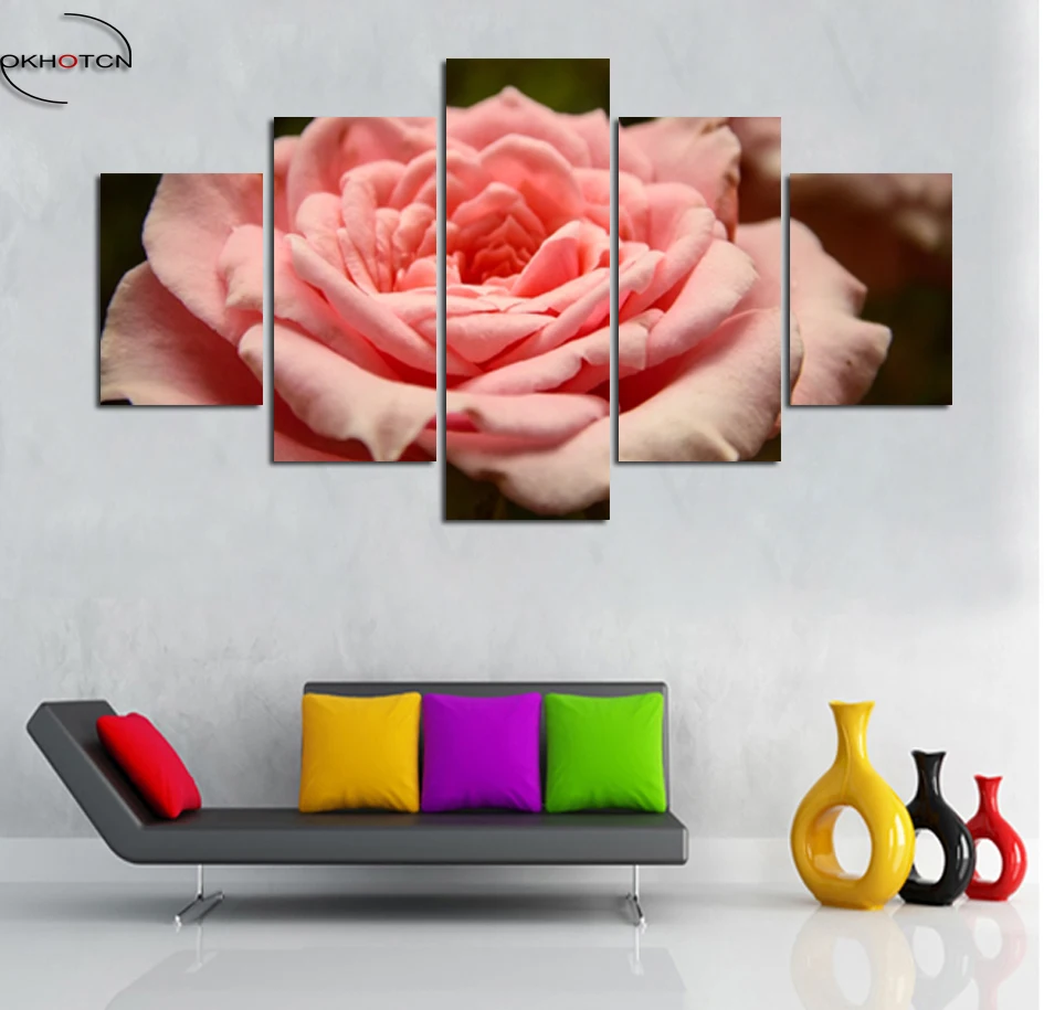 Beautiful Pink Rose Canvas Painting 5 Pieces Colorful Pictures Wall Art