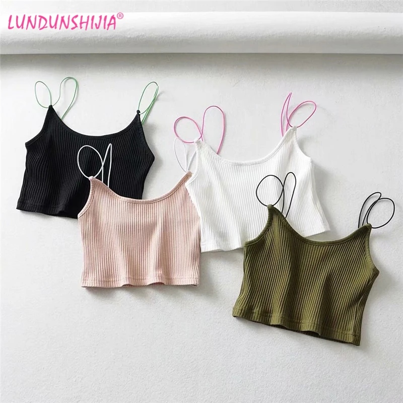 

LUNDUNSHIJIA 2019 New Arrival Summer Sexy Short Inlay Color Camisole Women Streetwear Trendy Sleeveless Basic Crop Tops 4 Colors