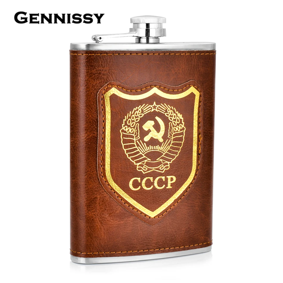 

GENNISSY Soviet Union Flag Pattern Flask New Brown Leather Outdoor Sport Portable Stainless Steel Drink Alcohol Flasks For Man