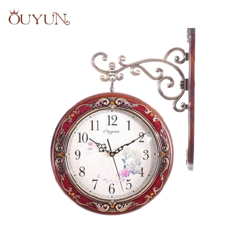 

OUYUN Wood Craft Wall Clocks Home Decor Vintage Modern Two Face Silent Clock Movement On Wall Home Hanging Clock Modern Designs