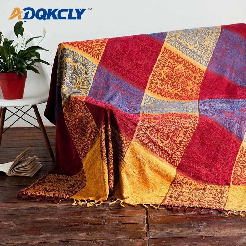 

ADQKCLY Colorful Grid Sofa Cover 100% Cotton with Tassels Double/Three Seats Sofa Slipcover for Bedspread Sheet Picnic Mat 1PC