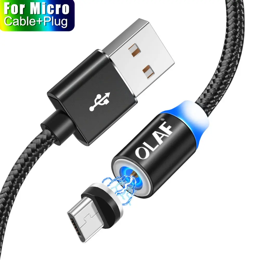 Магнитный Micro USB кабель Олаф для быстрой зарядки, USB кабель для зарядки и передачи данных, Micro USB кабель для мобильных телефонов, USB шнур - Цвет: Cable-Plug Black