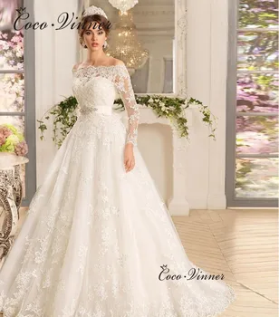 

Off shoulder A line Arab Muslim Wedding Dress Court Train Sashes Long Sleeve Button Back Bride Dress Wedding Gowns W0071