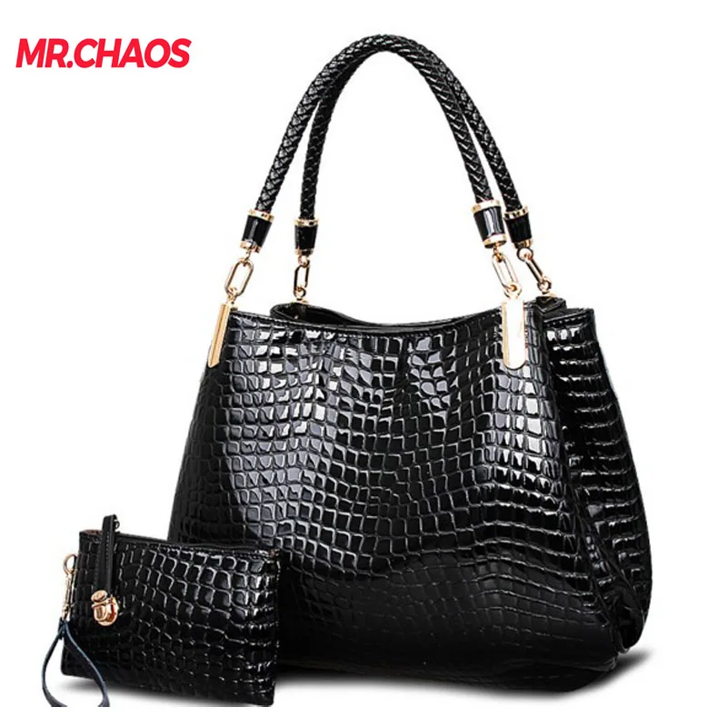 

Fashion crocodile borse women totes lady handbag+purse/wallet carteras mujer big capacity black white shoulder kit 2 bags/set