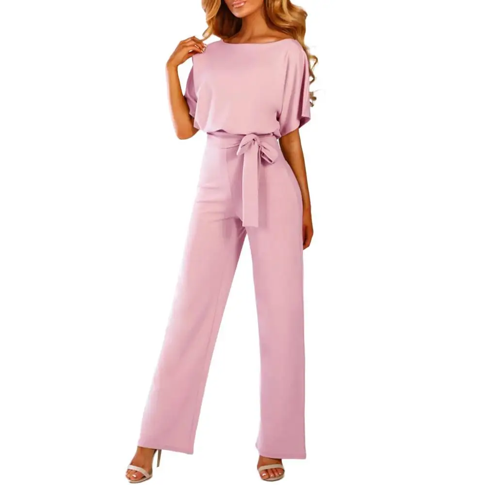 

Women Short Sleeve kombinezony for women Pink Playsuit Clubwear Bow Straight Leg Jumpsuit With Belt комбенизон женский летний#15