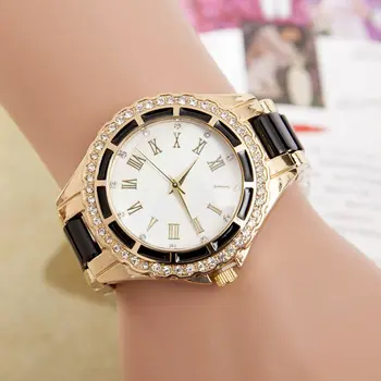 

Women Stylish Plastic& Alloy Watchband Roman Numerals Rhinestone Alloy Case Quartz Analog Wrist Watch