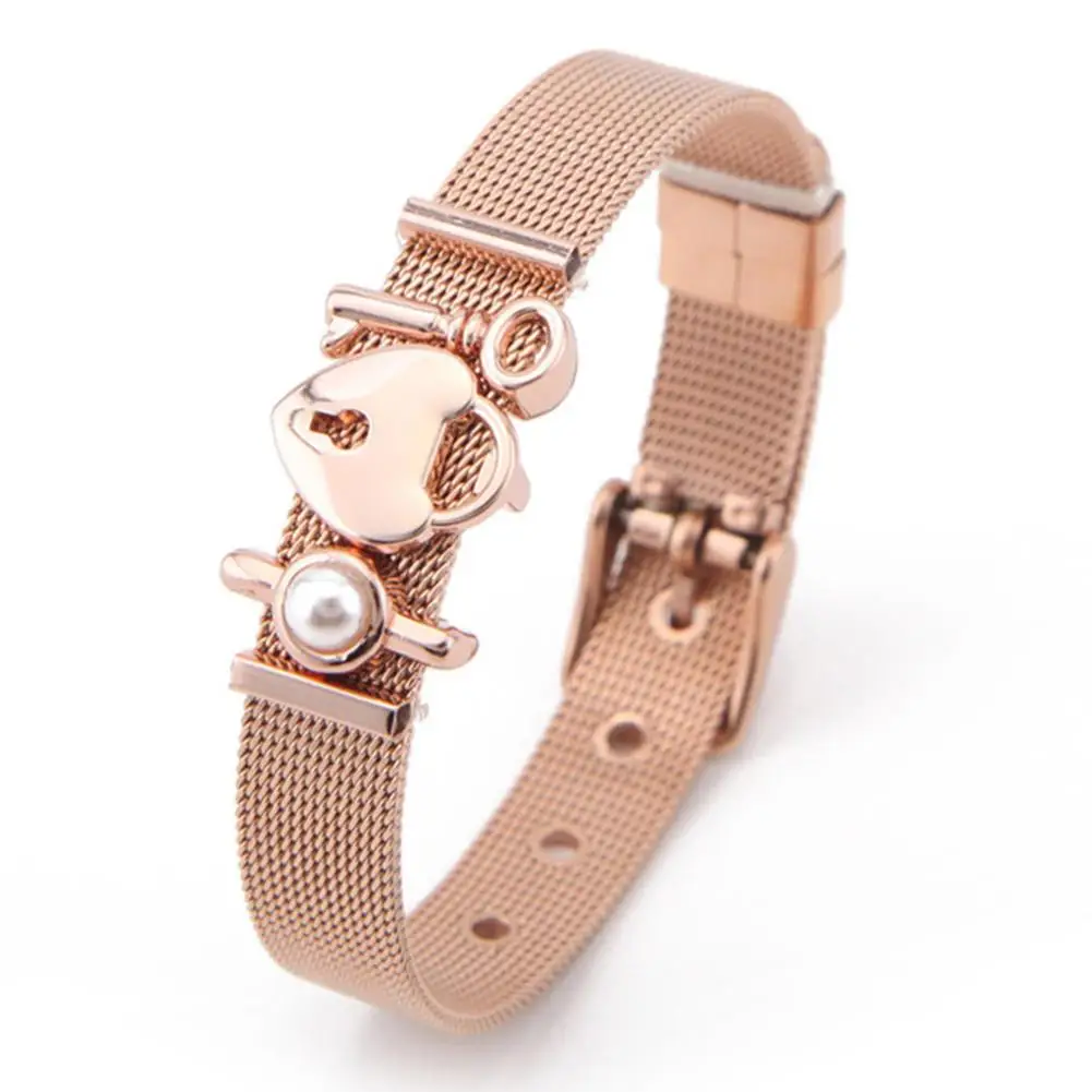 

Fashion Women Rose Glod Lady DIY Mesh Stainless Steel Key Heart Padlock Charm Dress Bracelet Valentines Gift Party Club Jewelry