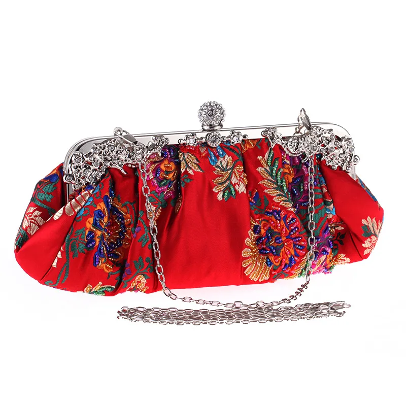 

Fashion Pleated Evening Bags Totes Bag Womens Chain Shoulder Bags Red/Black Female Embroidery Pearls Beading Handbag