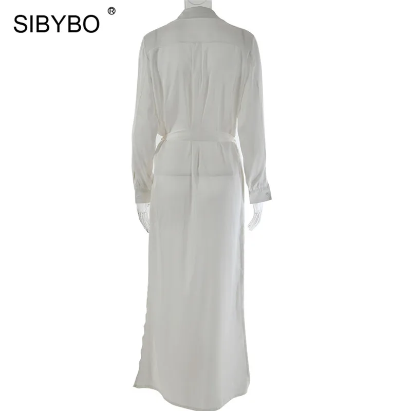 Sibybo сатиновое свободное сексуальное длинное платье с разрезом, женское летнее платье-рубашка с длинным рукавом и поясом, платье на пуговицах, пляжная одежда, макси Вечерние платья