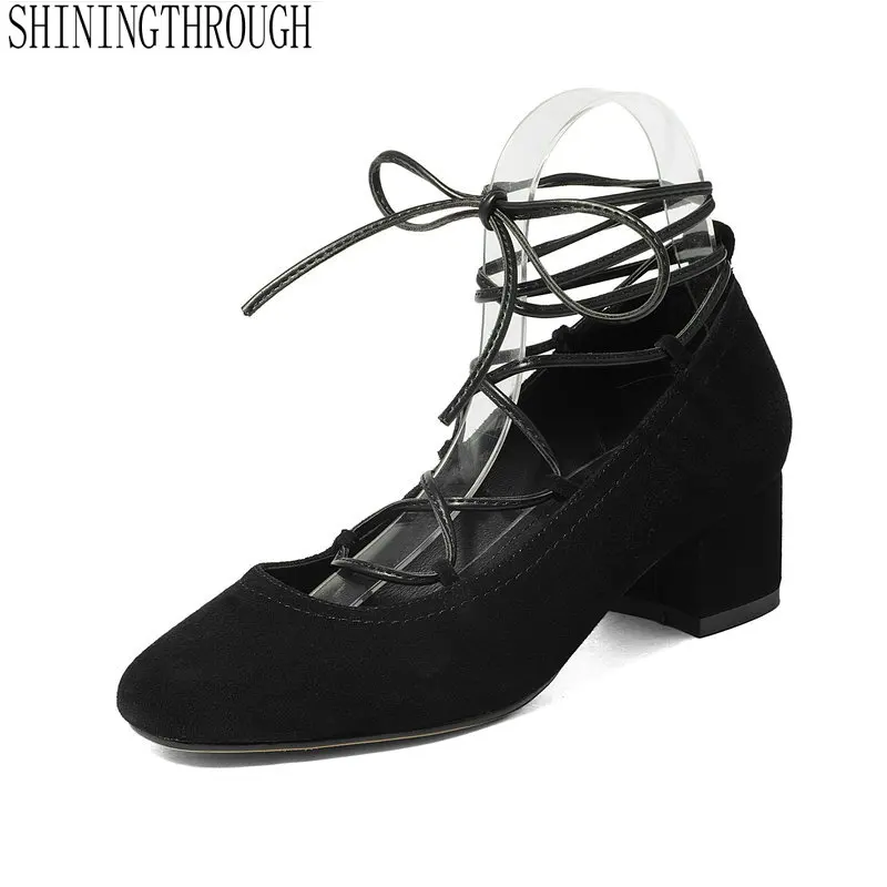 

Women Real Leather Thick High Heels Pumps Women Ruffles Slip On Shallow Shoes Women Handmade Leisure Pumps size 34-43