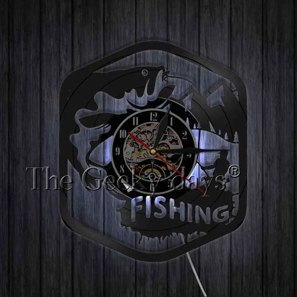 Настенные часы Go Fishing современный дизайн рыбий и рыбы силуэт тени виниловая