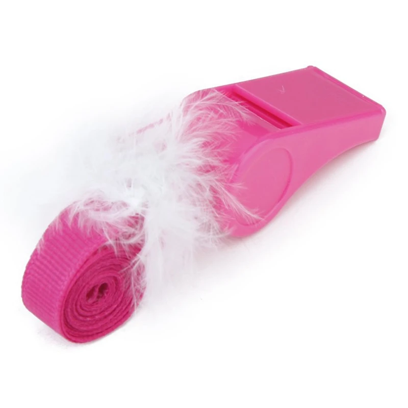 

10 x Party Games Plastic Fluffy Whistles with Strap---Hot Pink