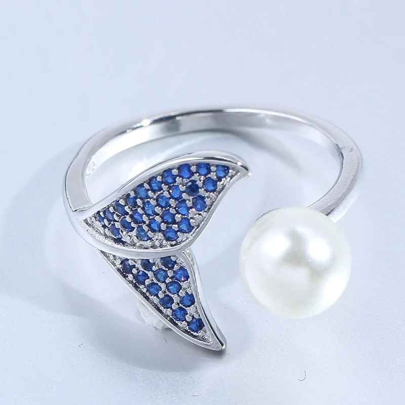 

Fashion 925 Sterling Silver Adjustable Fish Tail Mermaid Pearl Engagement Open Rings for Women Blue Cz Wedding Jewelry Rings