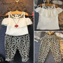 Pudcoco/комплект из 2 предметов для маленьких девочек, модная летняя повседневная кружевная блузка с короткими рукавами и круглым вырезом +