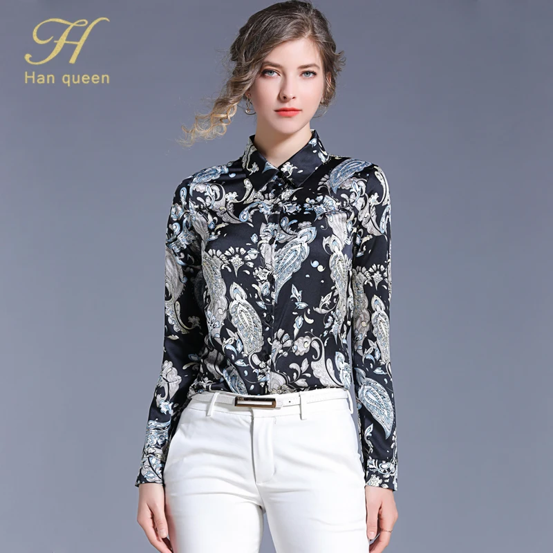 H han queen однобортный принт Повседневная Женская блузка с длинным рукавом Элегантная Свободная рубашка больших размеров женские Топы Блузки