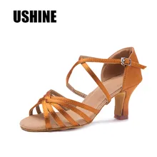 USHINE WZJ каблук 7 см коричневый Атлас Zapatos De Baile Latino De Las Mujeres латинские танцевальные туфли для женщин