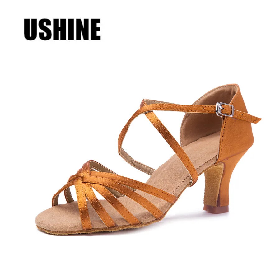 

USHINE WZJ Heel 7cm Hot Selling Brown Satin Zapatos De Baile Latino De Las Mujeres Latin Dance Shoes Women