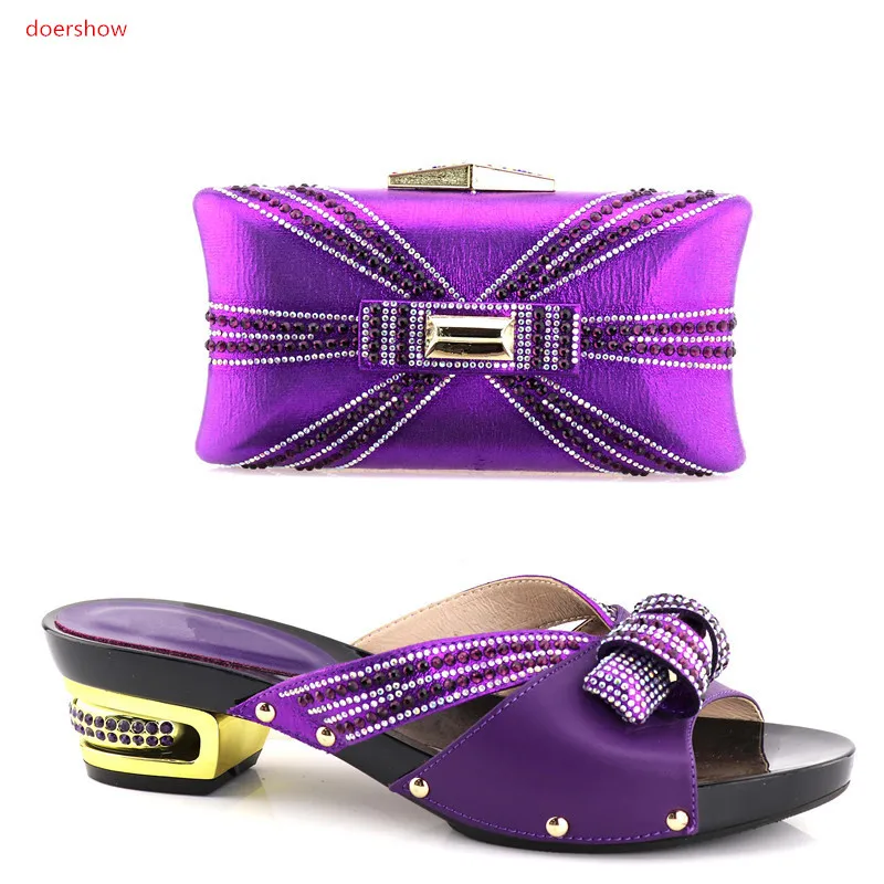 

doershow Italian Lady Shoes and Bag Sets purpleDecorated with Rhinestone African Matching Shoes and Bags Italian In Women!HV1-18