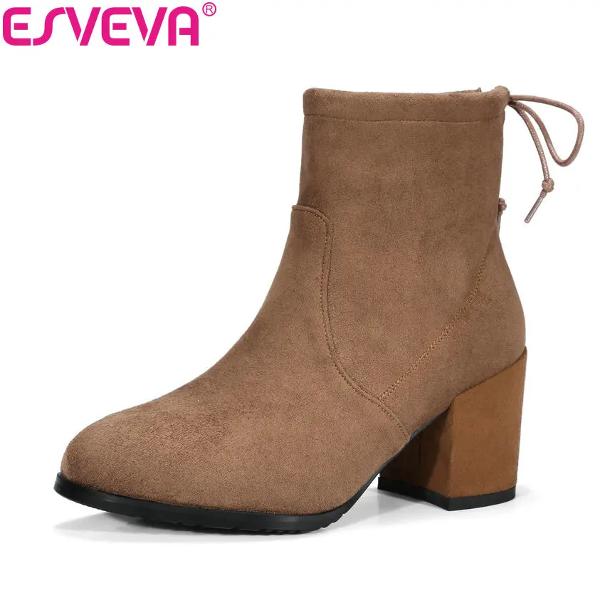 

ESVEVA 2018 Elegant Lace Up Women Boots Sheepskin +Flock Autumn Spring Shoes Round Toe Square High Heel Ankle Boots Size 34-39