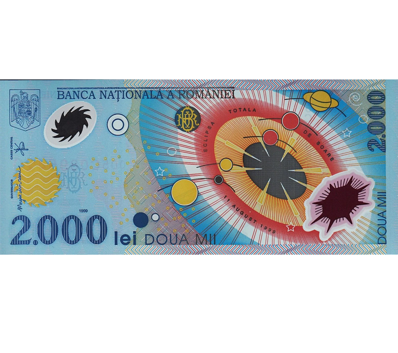 

Romania 2000 Lei 1999 Polymer, Total Solar Eclipse, UNC commemorative note 1 piece