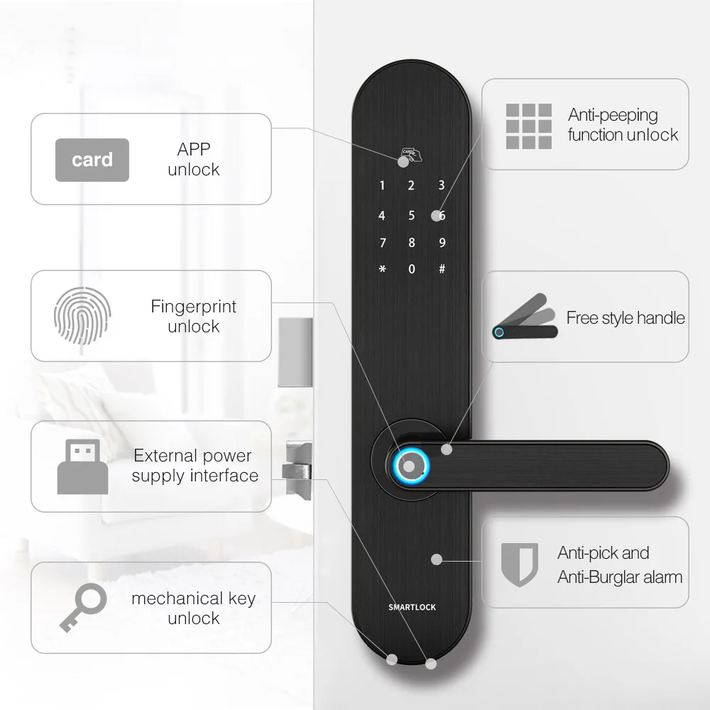 Биометрический Дверной замок из цинкового сплава с отпечатком пальца, умный дверной замок с приложением Wi-Fi, Водонепроницаемый дверной замок с электронными картами
