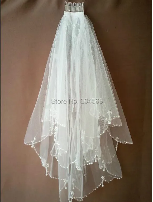 Два-Слои белого или цвета слоновой кости из бисера свадебная фата тюль вуаль для невесты с расческой