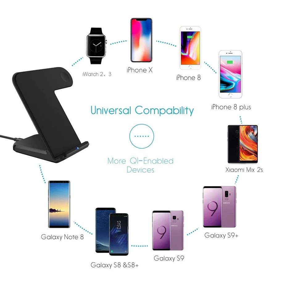 QI 2 in 1 Wireless Charger Stand For Iphone 8 Iphone X Apple Watch 2.0 3.0 QC 2.0 QC 3.0 10W Wireless Charger For Samsung S8 S9  (3)