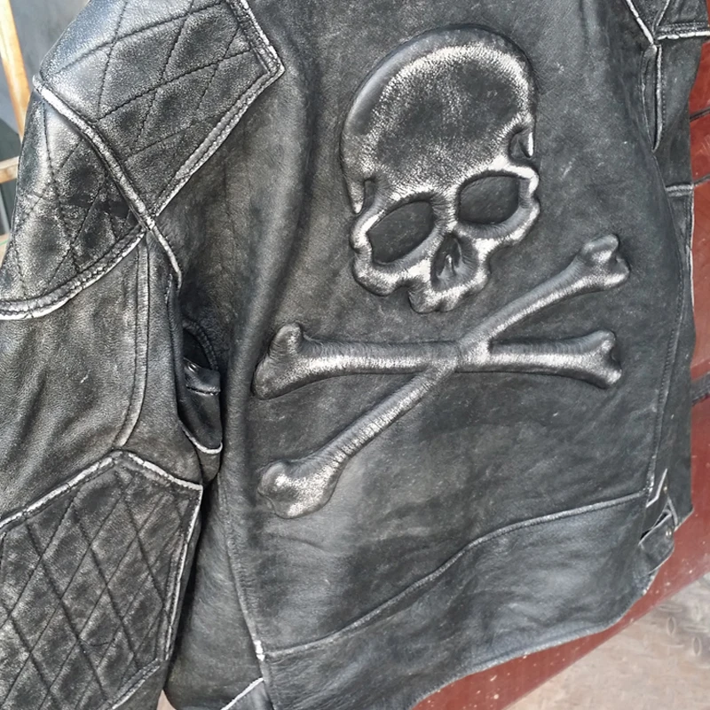 Модная винтажная мужская кожаная куртка с черепом из телячьей кожи мотоциклетная куртка мотоциклетная Байкерская одежда состаренная кожаная куртка M135
