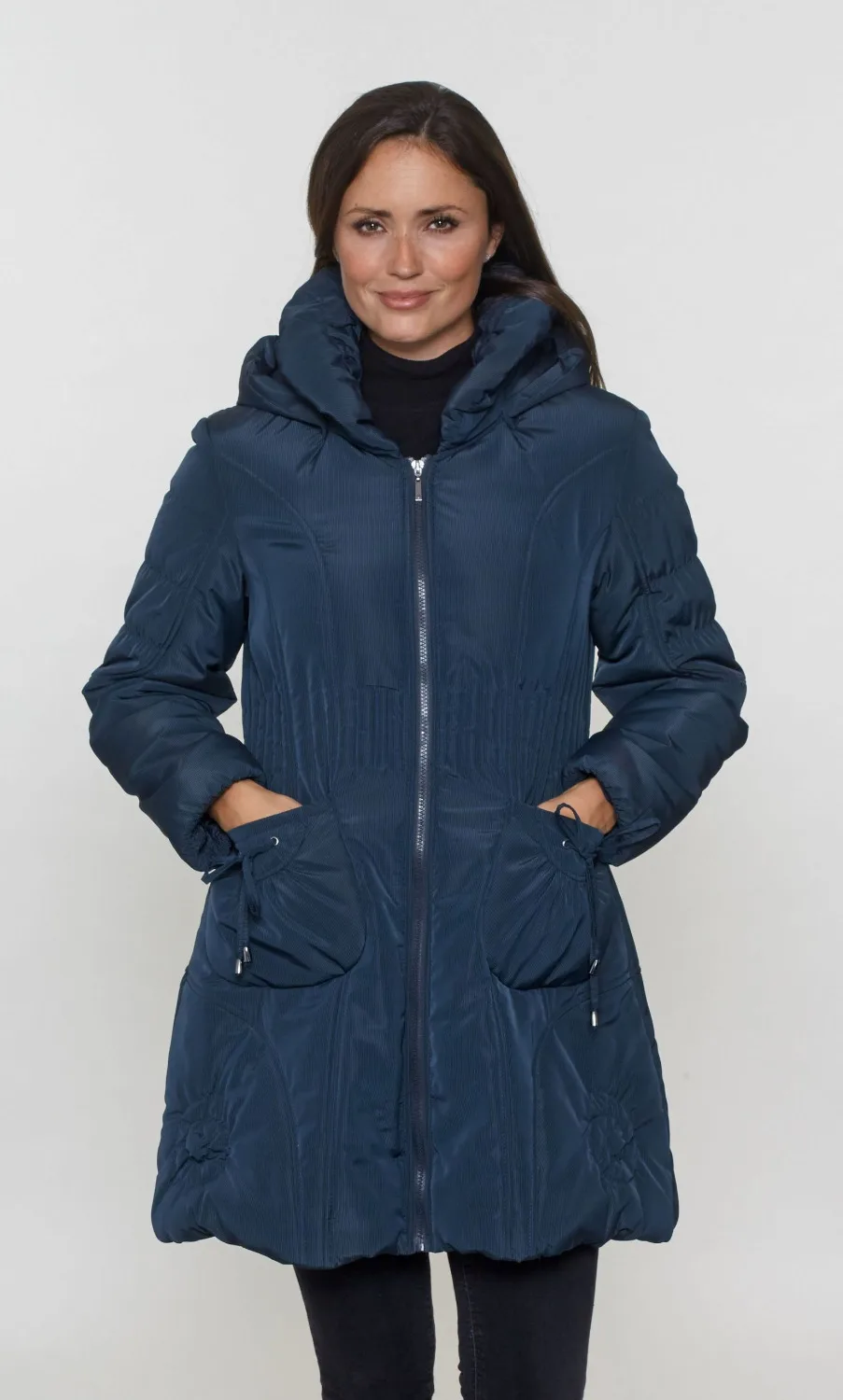 Ladies' casual long padding jacket,with detachable hood,ruched collar