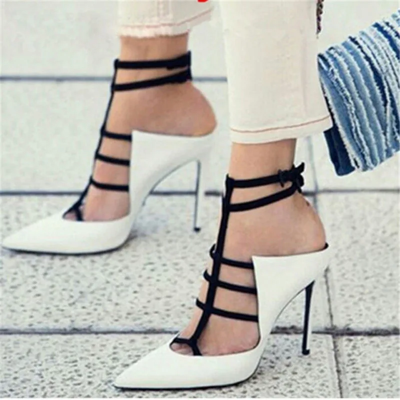 Sexy Black Straps Buckles Instep Cut out Sandals White Leather Pointed