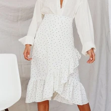 Элегантные белые элегантные женские юбки в горошек Новые повседневные ассиметричное миди с оборками и высокой талией офисные женские длинные юбки