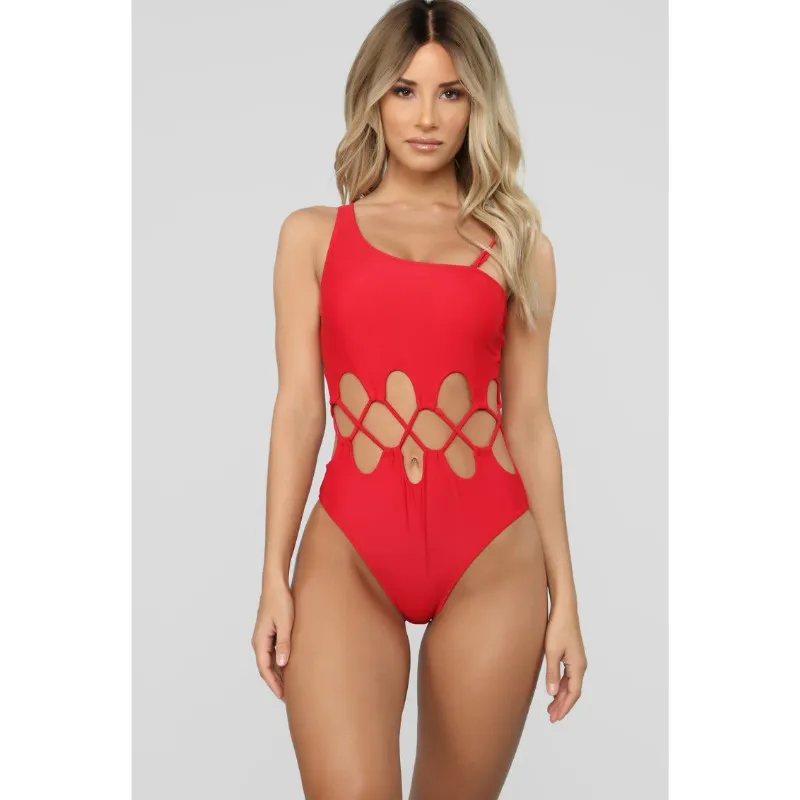 

2019 Sexy Red Halter Cut Out Bandage Trikini Swim Bathing Suit Monokini Push Up Brazilian Swimwear Women One Piece Swimsuit