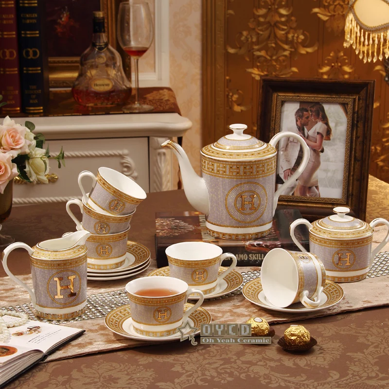 

Porcelain coffee set bone china "H" mark mosaic design outline in gold 15pcs European tea set coffee pot coffee jug saucer set