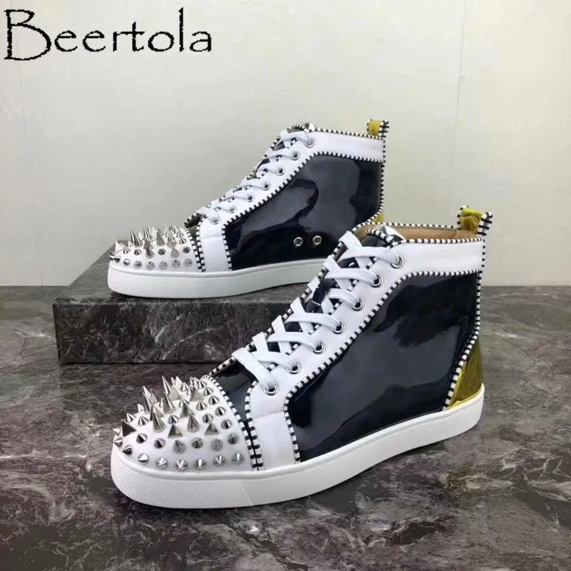 

Hot Sell Casual Men Shoes Head Studded Spikes Mixed Color Fashion Men Flats High Top So Nice Dress Shoes Men Round Toe Chaussure