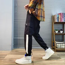2019 Discount Only Today Polyester Pants For Men Black Stripe Solid Pocket Fashion Hip Hop Causal Korean Men Cargo Pants
