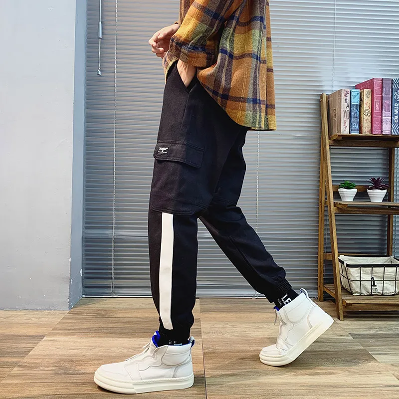 

Summer Men's Trousers Black Polyester Harem Black Stripe Cargo Joggers Sweatpants Fashion Hip Hop Causal Korean Men Foot Pencils