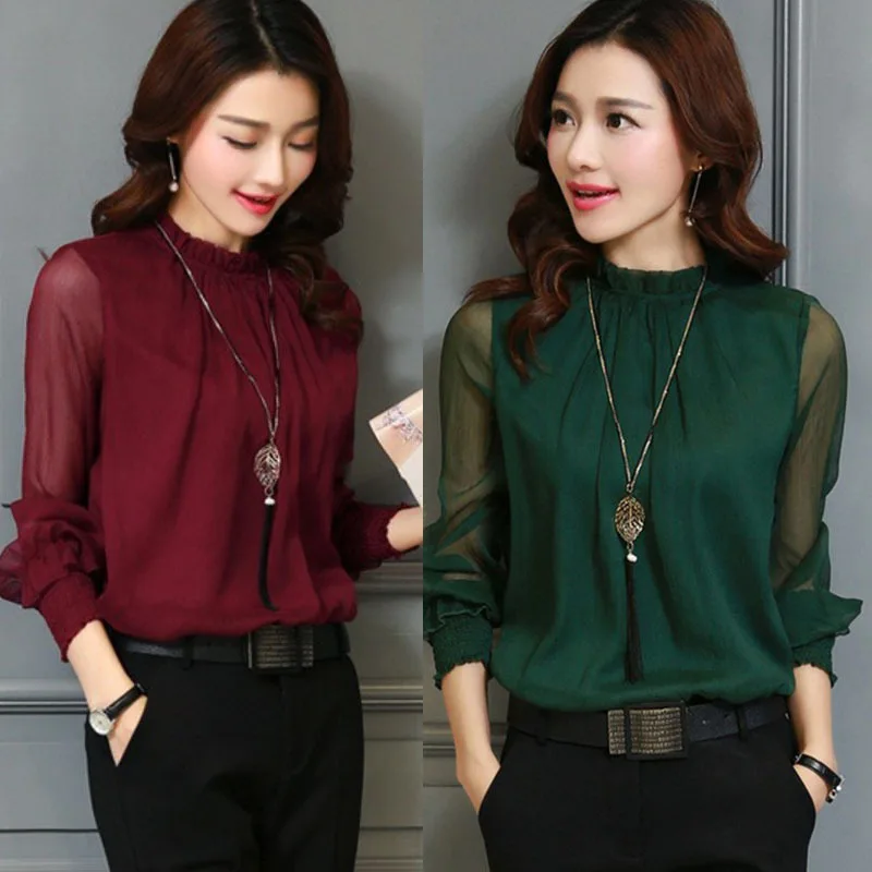

Spring Autumn Office Lady Blouse Tops Plus Size 3XL Women Chiffon Shirt Transparent Long Sleeve Shirts Sweet Stand Neck Blouses