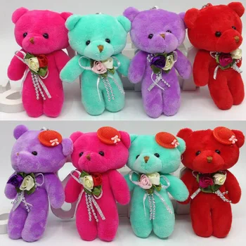 

12cm x12pcs Lovely Plush Teddy Bear With Flower and Cap Soft Toys Key chain/Bouquet/Phone/Bag/Wedding gift