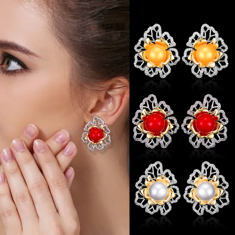 

GODKI Luxury Simulate Pearl Flower Cluster Stud Earrings For Women Wedding Cubic Zircon Crystal Dubai Silver Bridal Earrings NEW