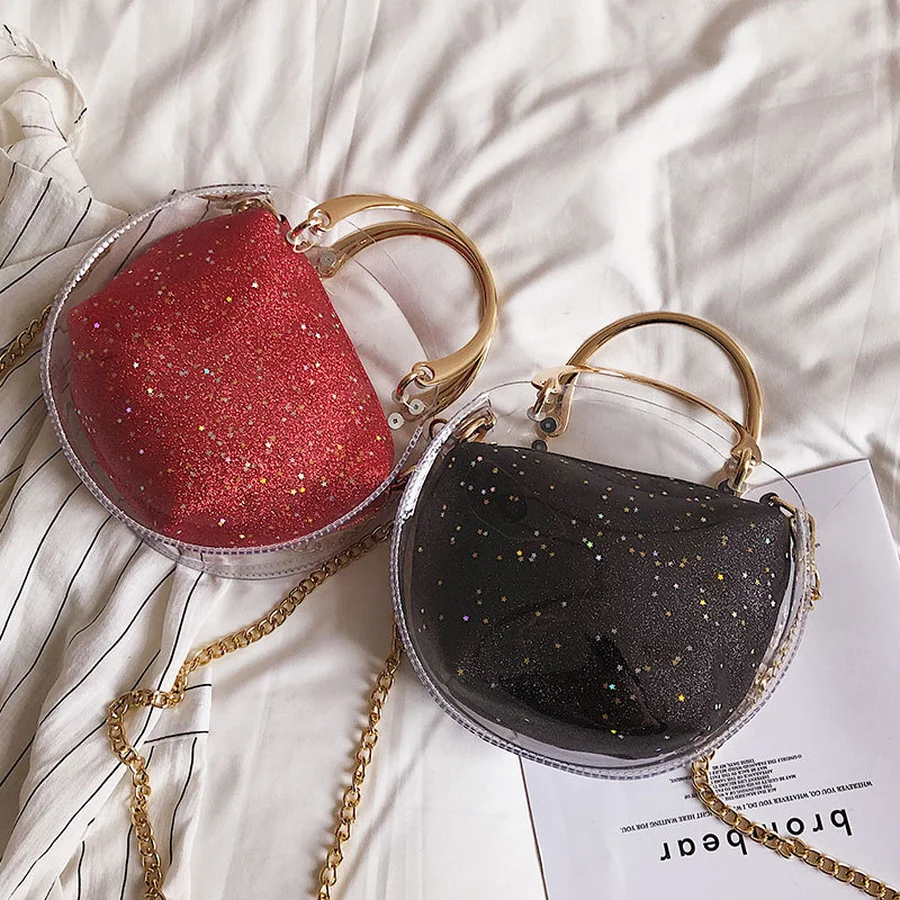 

Casual Sequins Transprent Pvc Round Handbag Women Chains Shoulder Bag Clear Jelly Bag Girls Messenger Crossbody Beach Bags Bolsa