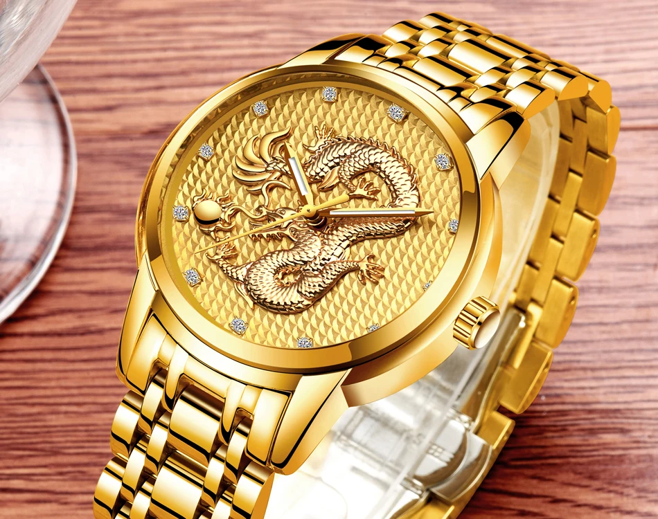 2021 LIGE New Golden Mens Watches Top Brand Luxury Chinese Dragon Watch Business Full Steel Quartz Clock Male Relogio Masculino
