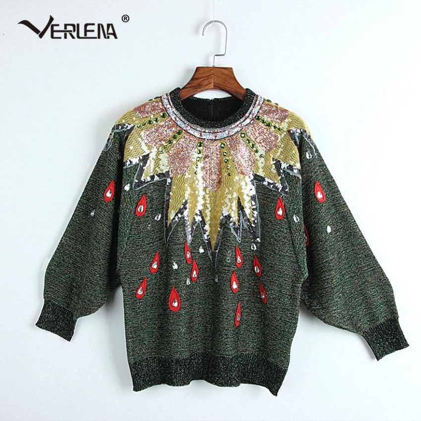 

Drops Rhinestone Batwing Sleeve Green Sweater Women Embroidery Sequin Sweaters Runway Boho Vintage Jumper Polluver Winter Tops
