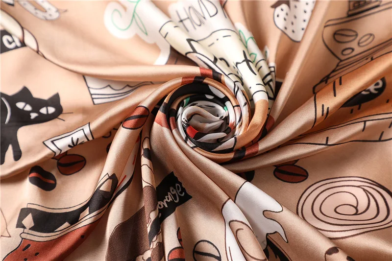 Luxury Brand New Fashion Summer Silk Square Scarf Women Cat Print Satin Neck Hair Tie Band Beach Hijab Head Female Foulard