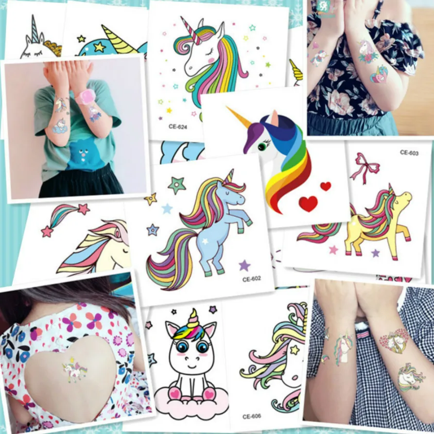 

Colorful Cartoon HAPPY Unicorn Temporary Tattoo Sticker Women Minimalist Pattern Body Art Design Waterproof Temporary Tattoos
